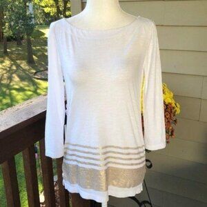 Loft Stripe Boat Neck Top, Ivory & Gold 3/4-Sleeve Cotton Women's Size XS